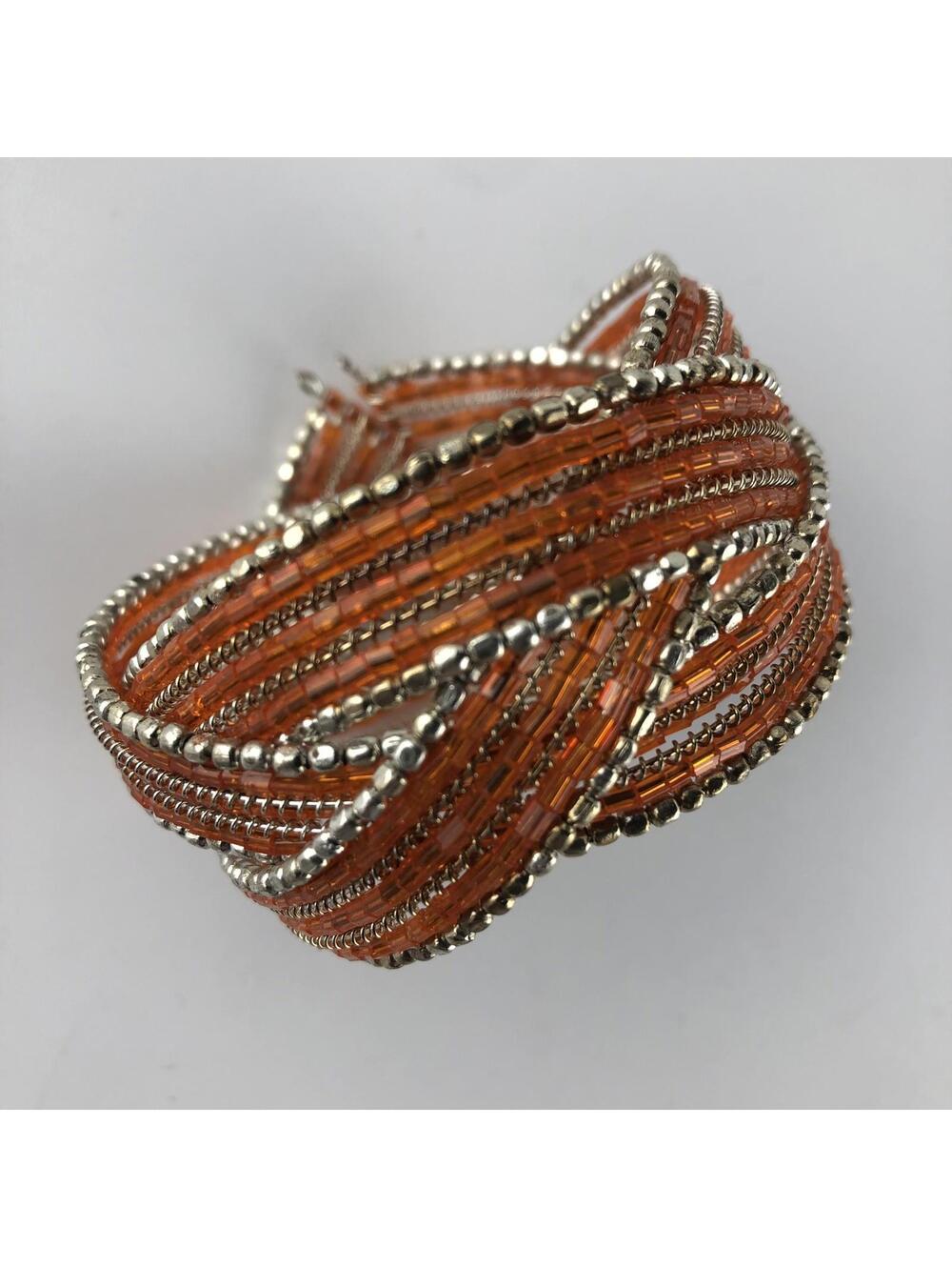 Beautiful Orange Cuff Wrap Bracelet Beads 1 1/2" Wide Made In India Handmade